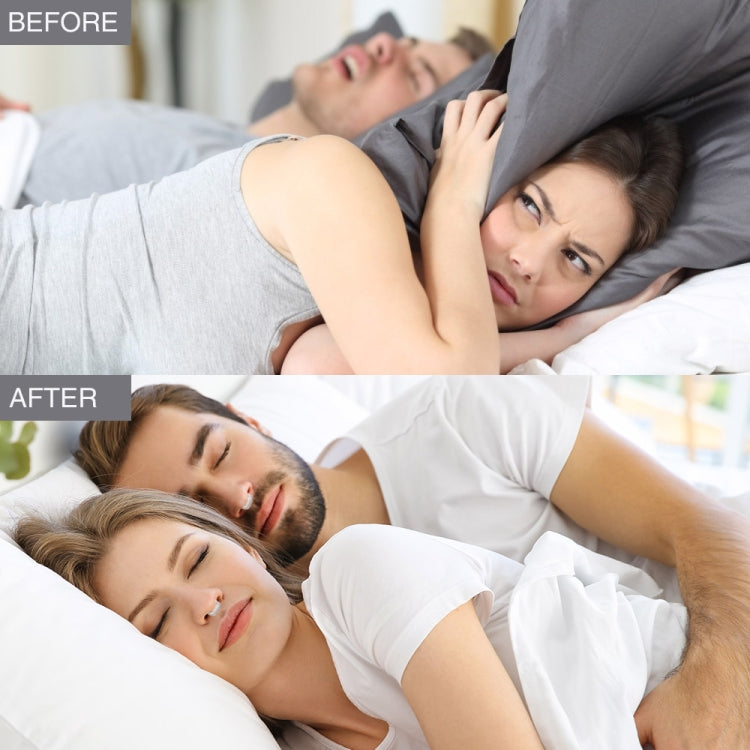 Snoring relief nose clip shown on sleepers, clear silicone with silver magnetic tips