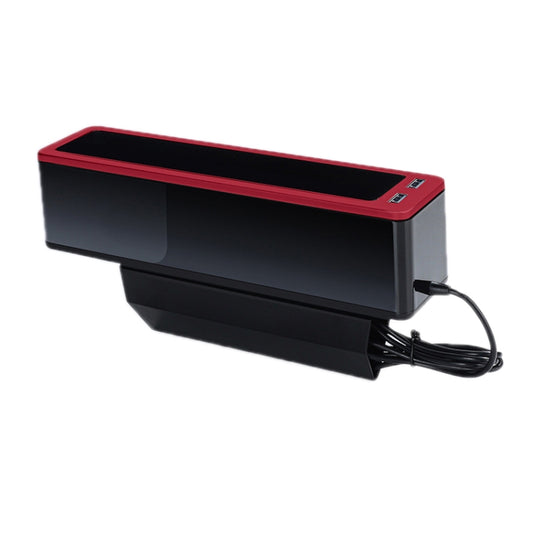 Car seat gap storage box with red edge trim, open top tray, and dual USB charging ports