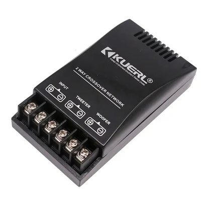 Black 2-way car audio crossover network with screw terminals and label panel
