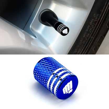 Blue ribbed tire valve cap with white raised-fist logo and open valve stem