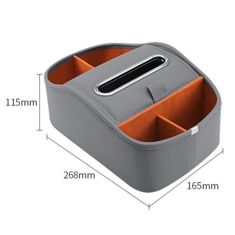 Gray car tissue box organizer with metal pull handle and partitioned compartments