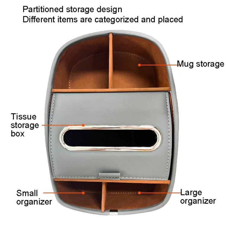Partitioned car tissue storage organizer with large and small organizer sections