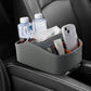 Gray car storage organizer with tissue pull slot and compartments for bottles and phones