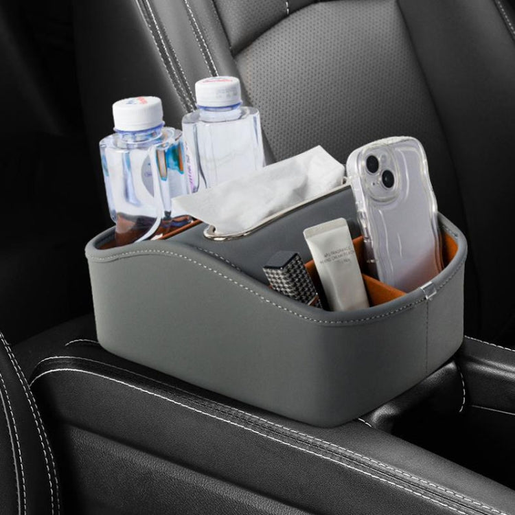 Gray car storage organizer with tissue pull slot and compartments for bottles and phones