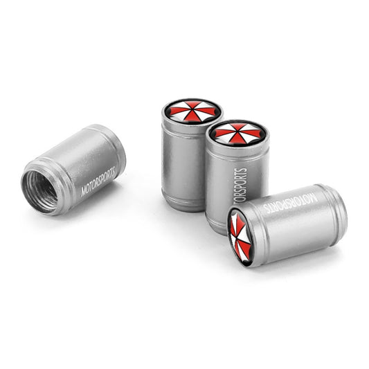 Silver metal tire valve caps set with red-and-white star emblem, universal fit (4-pack).