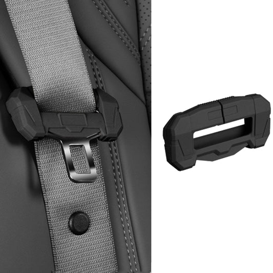 Car seatbelt buckle protective cover, black silicone clip close-up on seat belt