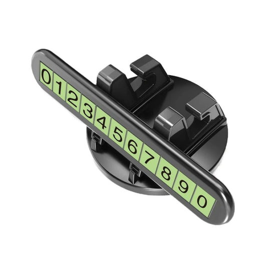 Black car dashboard parking number sign with green LED digits and phone holder clip