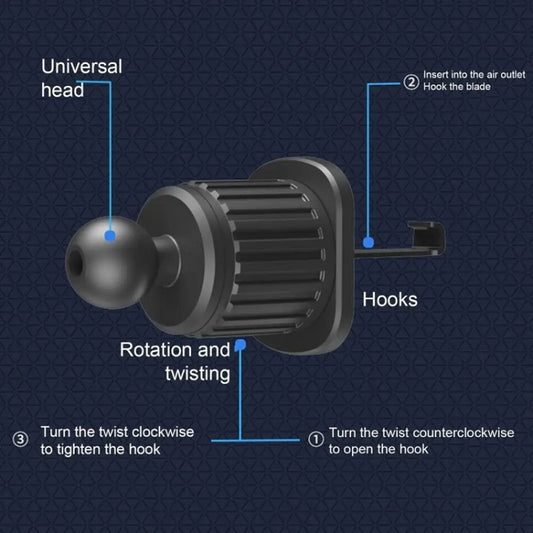 Car air vent smartphone mount with universal rotating head and vent hook
