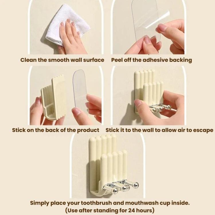 Adhesive wall-mounted toothbrush cup holder with cream slots and chrome hooks.