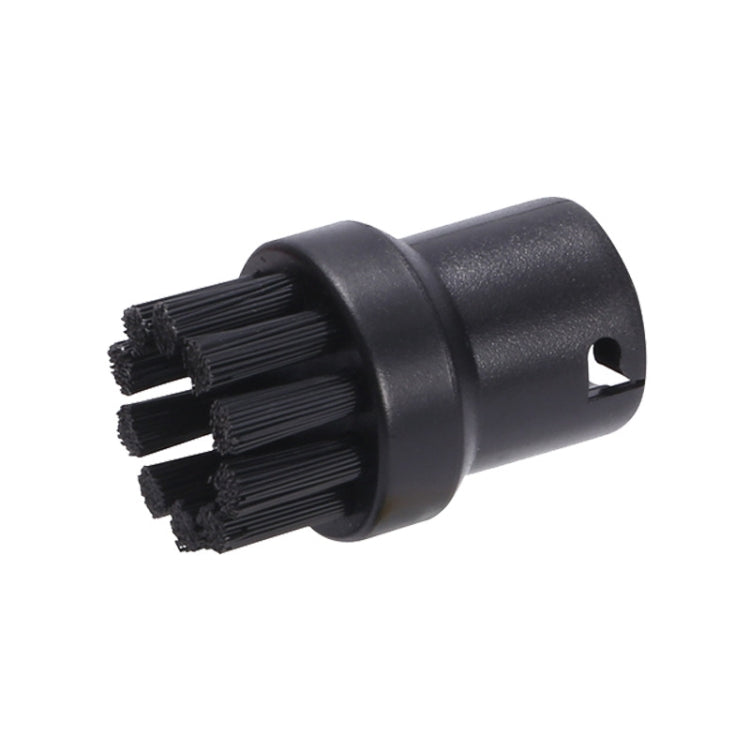 Steam brush head with black bristles in black plastic holder
