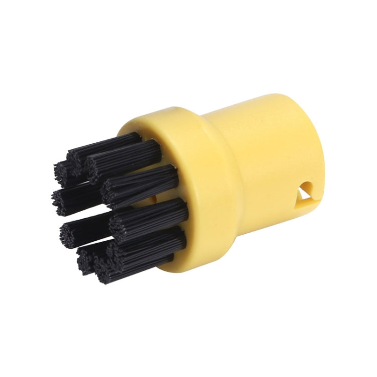 Steam brush head with black bristles in yellow plastic holder