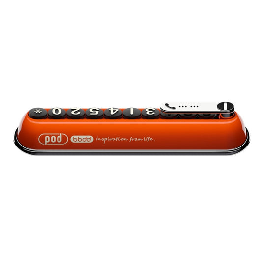 Orange pod-shaped temporary license card holder with rotating hidden number dial