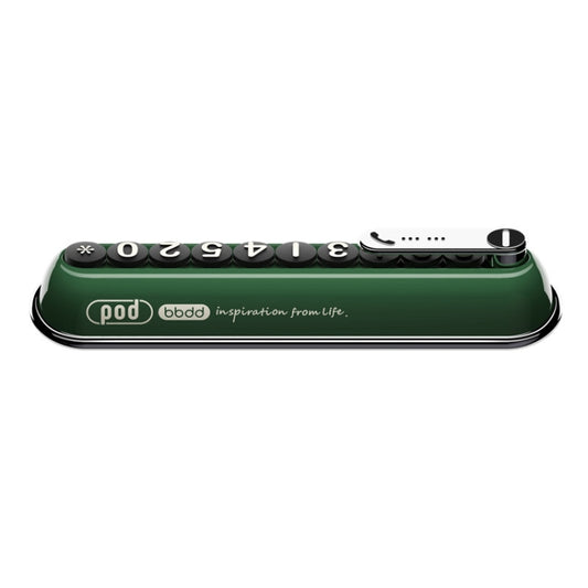 Green pod-shaped temporary license card holder with rotating hidden number dial