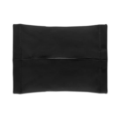 Black suede-look tissue storage pouch with side stitching and stitched flap closure