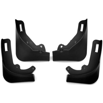 Set of four matte black soft rubber mud flaps with mounting holes for front and rear