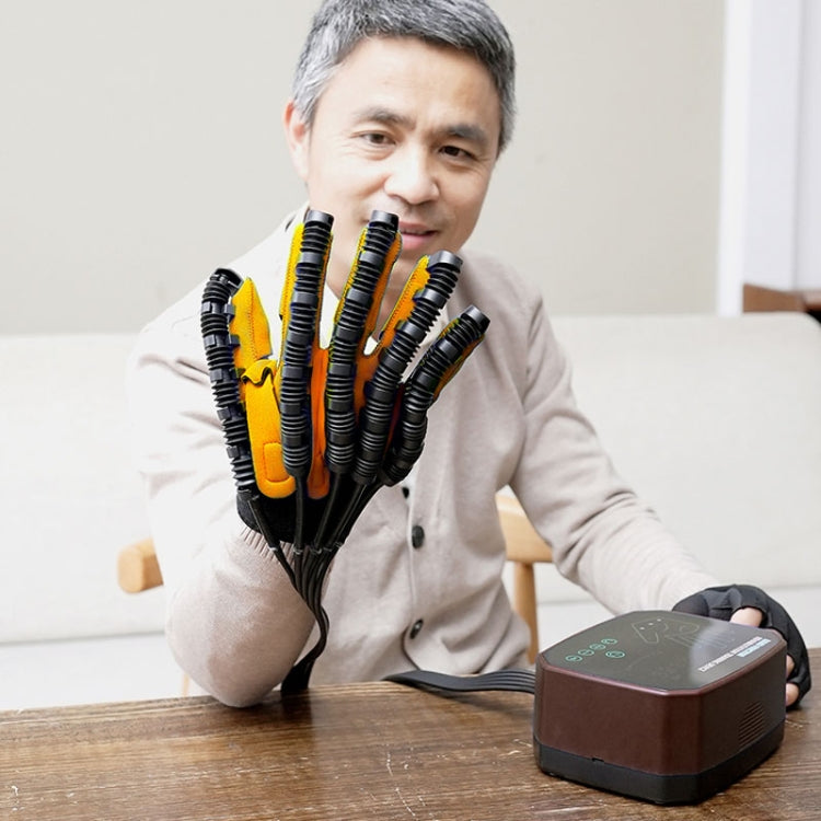 Robotic rehabilitation glove with segmented finger sleeves in black and orange accents