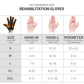 Rehabilitation glove sizing chart table with hand measurements for S to XXL
