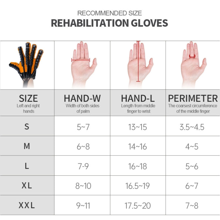 Rehabilitation glove sizing chart table with hand measurements for S to XXL