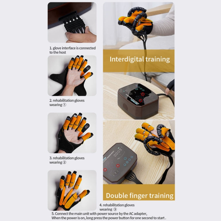 Rehabilitation glove connected to control unit, showing setup and training use