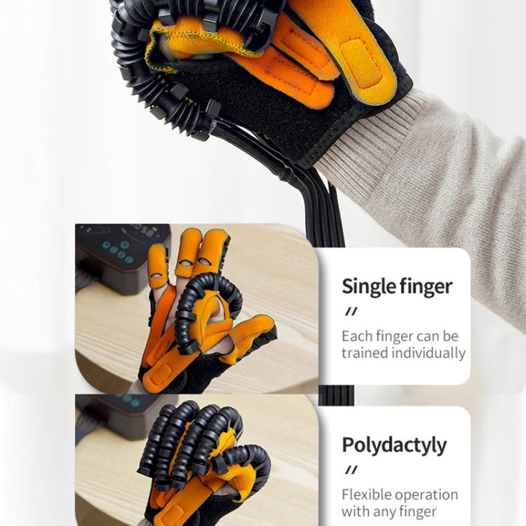 Robotic rehabilitation glove close-up showing orange finger pads and black ribbed tubing