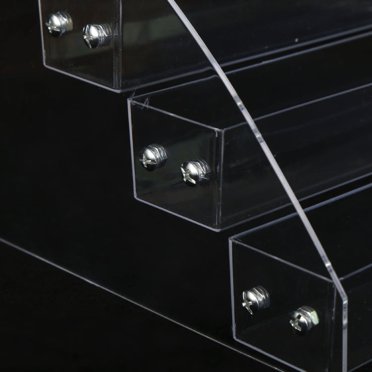 Transparent acrylic nail polish rack close-up of tier supports and knobs