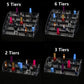 Transparent acrylic nail polish display rack with colorful bottles, tiered ladder shelves