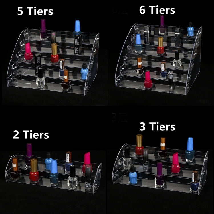 Transparent acrylic nail polish display rack with colorful bottles, tiered ladder shelves