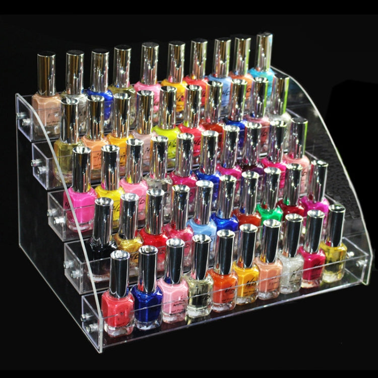 Transparent acrylic nail polish rack showing many bottles on clear tiered shelves