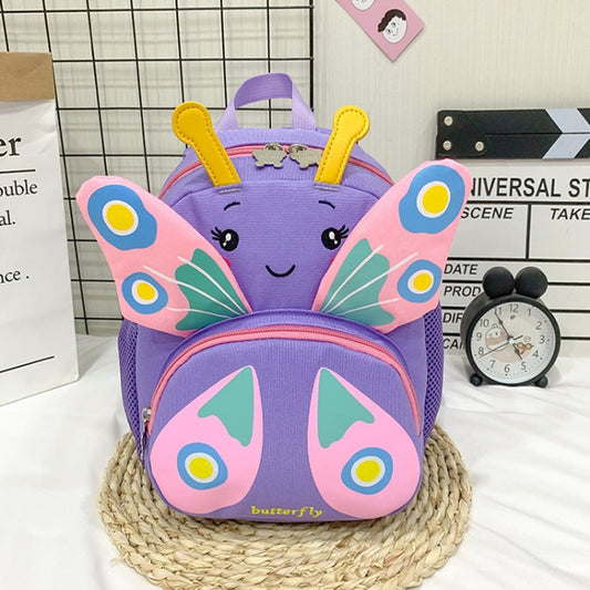 Kids butterfly backpack with purple body, smiling face, and multicolor wing graphic