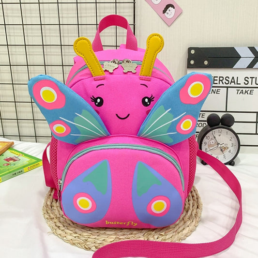 Kids butterfly backpack with bright pink body, smiling face, and rainbow wing design