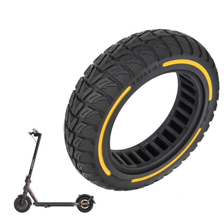 Off-road scooter tire, black tread with yellow sidewall stripe