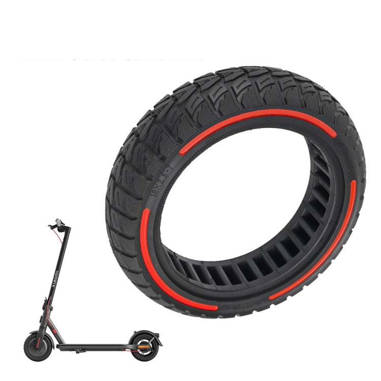 Off-road scooter tire, black tread with red sidewall stripe