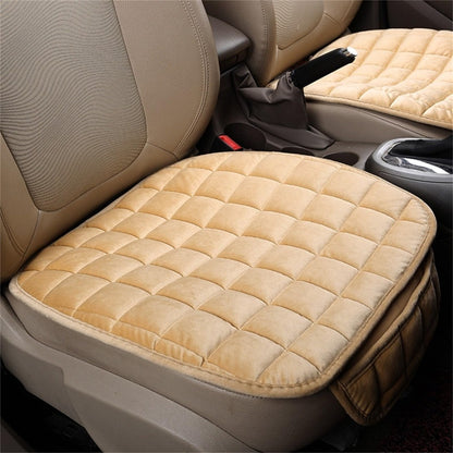 Beige quilted plush car seat cushion with non-slip back, tailored for front row seat