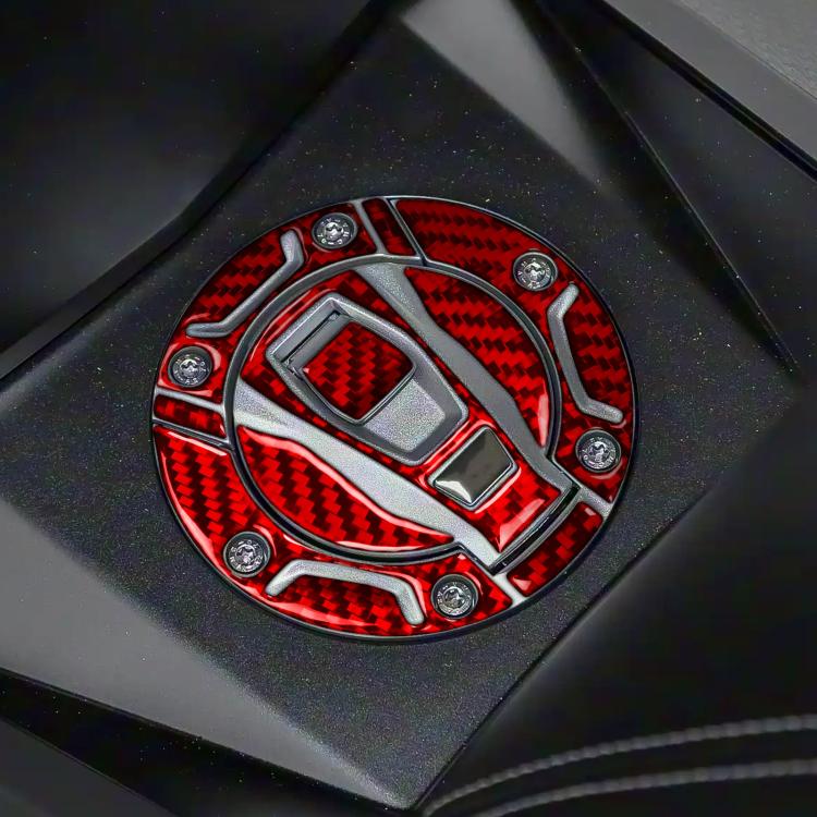 Carbon-fiber style fuel tank cap sticker set, red trim, for motorcycle cap