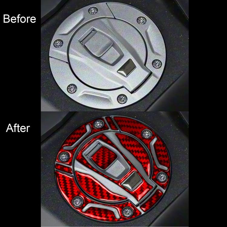 Fuel tank cap sticker before-and-after: silver cap to red carbon-fiber cover