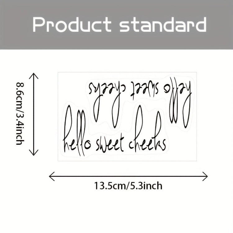 Vinyl mirror sticker set with black cursive text “hello sweet cheeks”, size diagram