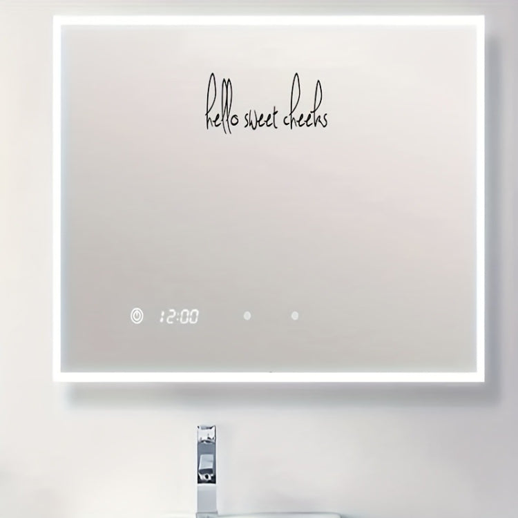 Vinyl mirror sticker, black cursive “hello sweet cheeks” on a white square panel