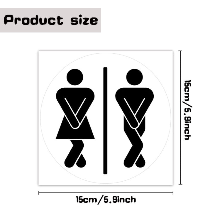 Bathroom door sticker size chart with black restroom icons and 15cm/5.9in labels