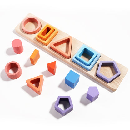 Wooden geometric shape matching blocks with colorful pillar pegs and cutout bases