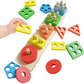 Children's wooden shape sorter blocks with colored base pieces, peg pillars, and rings