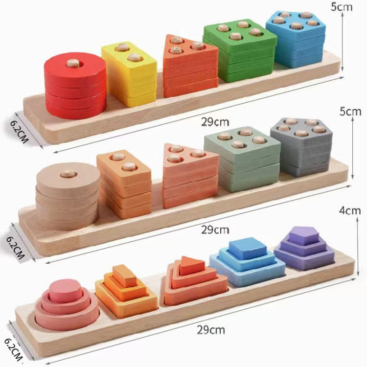 Multi-tier wooden shape sorter board with colored stackable blocks and peg bases