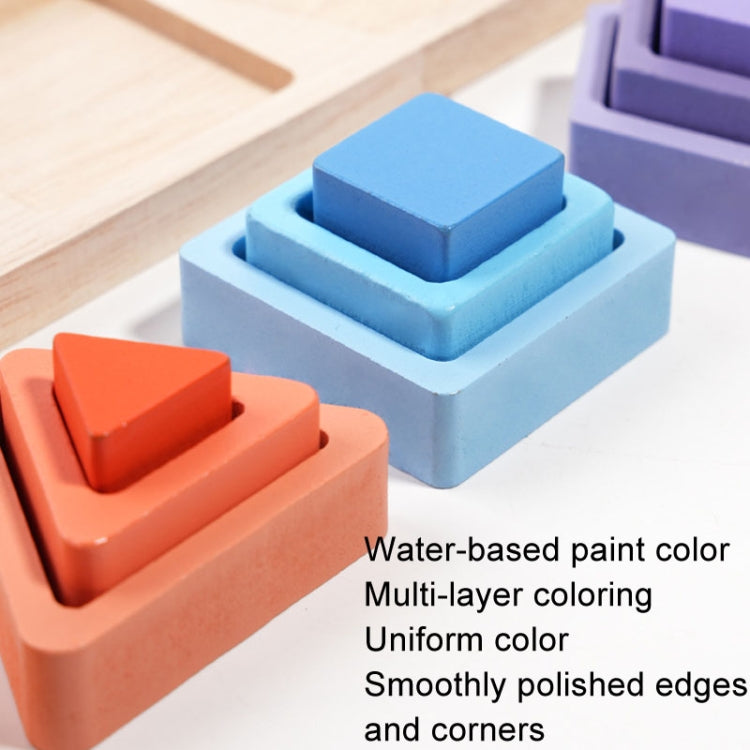 Close-up of smooth painted wooden blocks with layered finish in blue and orange