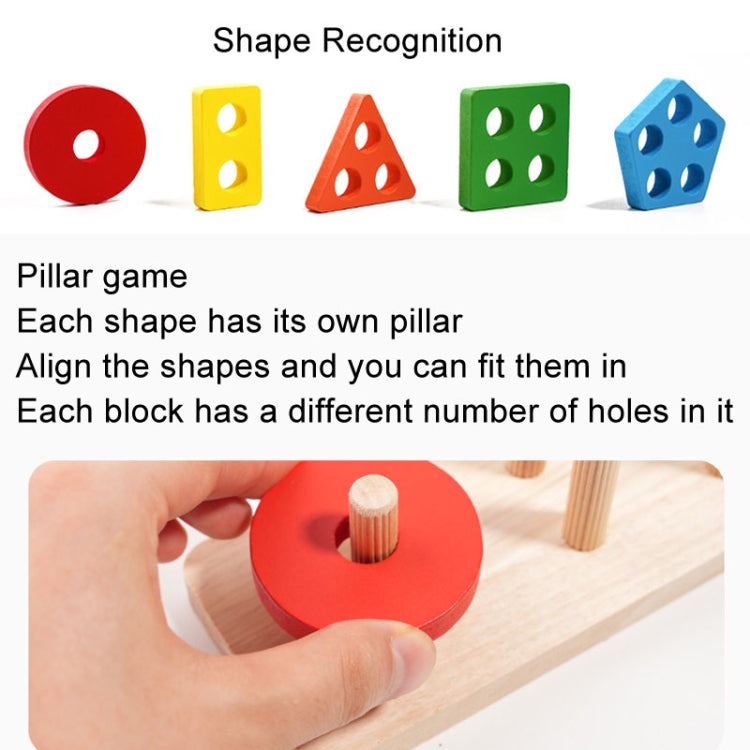 Wooden shape recognition blocks with colored bases and peg pillars; hand holding round piece