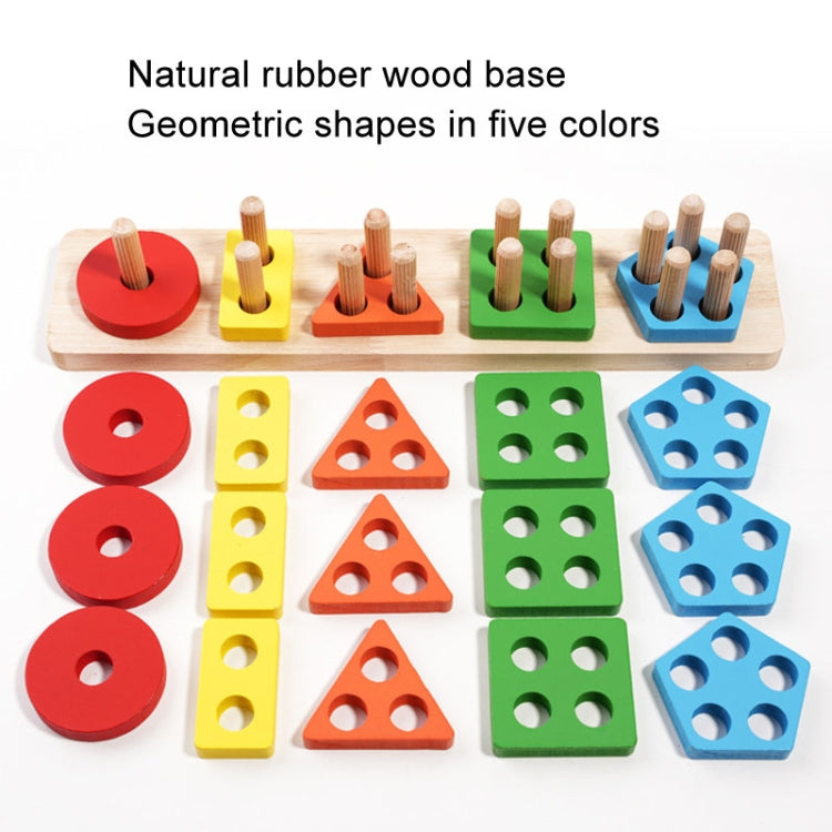 Natural wood base with geometric shape blocks in five colors and peg pillars