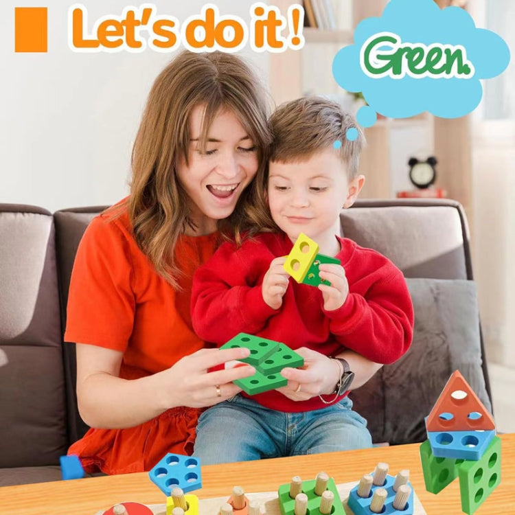 Wooden geometric shape building blocks set with colored bases and peg pieces