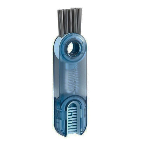 Blue U-shaped cup lid cleaning brush with stiff bristles and curved inner head