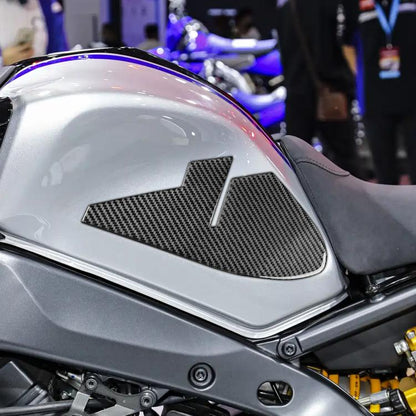 Fuel tank stickers set, black carbon-fiber pattern with silver arrow accents