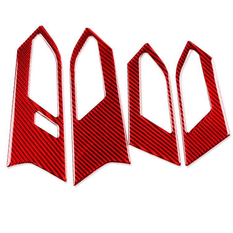 Set of 4 carbon-fiber look door handle trim stickers, red, left-hand drive.