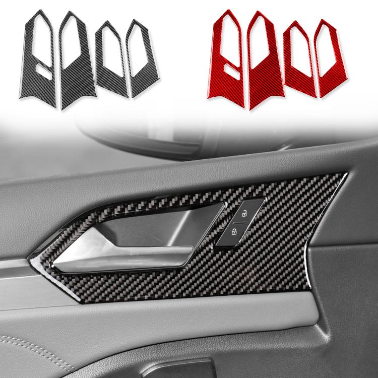 Set of 4 carbon-fiber look door handle trim stickers, black and red.