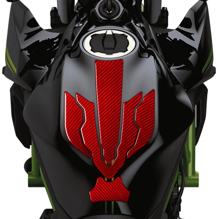 Fuel tank cap sticker set with red carbon-fiber pattern decals on fuel tank